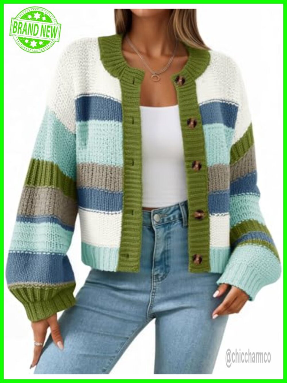 Striped Chunky Cardigan Sweater Oversized Lantern Sleeve Button Front Fall